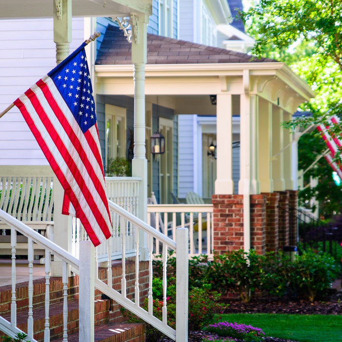 American flags hung on front pourches