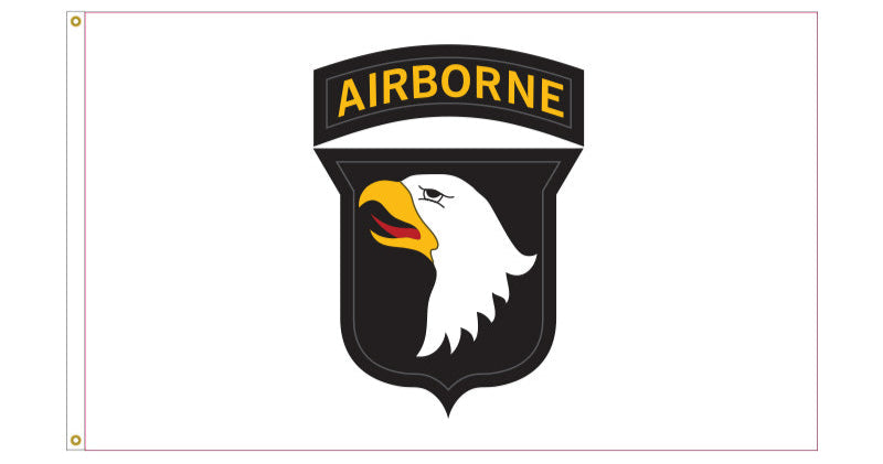 Flag with airborne emblem featuring an eagle and 'AIRBORNE' text on a white background