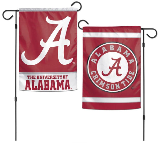 A garden flag featuring the Alabama Crimson Tide logo with one side showing the 'A' logo on a white background and the other side showing a circular logo with 'Alabama Crimson Tide' text on a red background.
