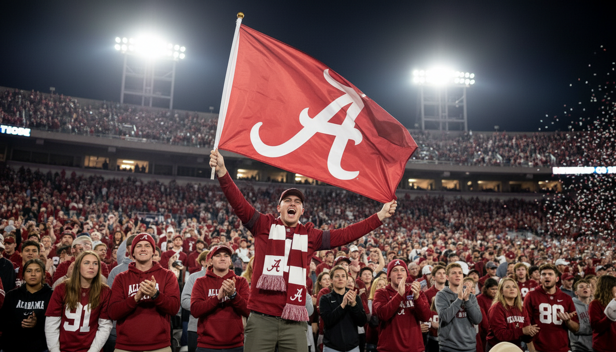 Person holding a red flag with a white letter 'A' in a stadium filled with fans.