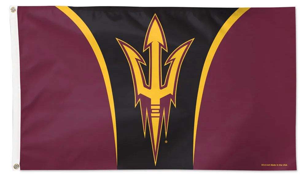 Flag with a yellow and black logo on a red background