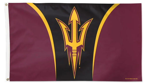 Flag with a yellow and black logo on a red background