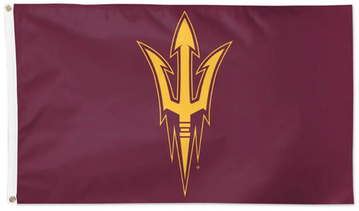 Arizona State Sun Devils flag featuring the team's gold trident logo centered on a maroon background, with a white header and metal grommets on the left side.
