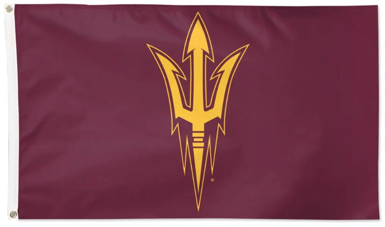 Arizona State Sun Devils flag featuring the team's gold trident logo centered on a maroon background, with a white header and metal grommets on the left side.