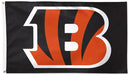 A Cincinnati Bengals flag featuring the team's signature orange and black tiger stripes inside a large white outlined letter 'B' on a black background.