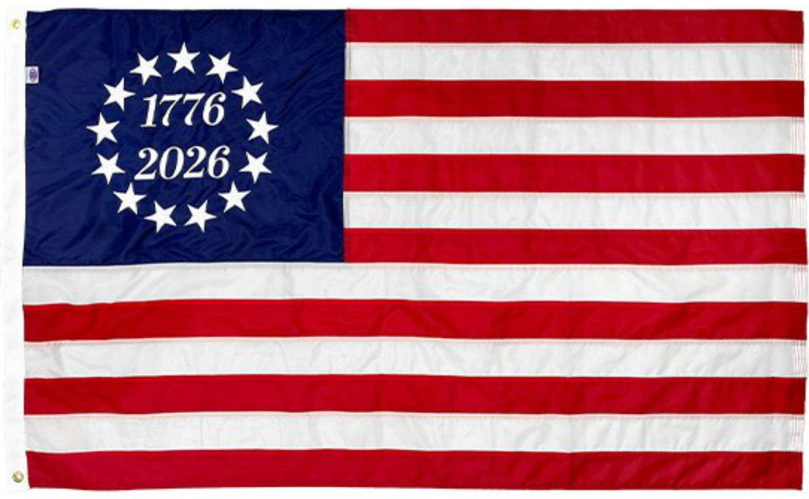 Flag with 1776-2026 text on a blue and red background