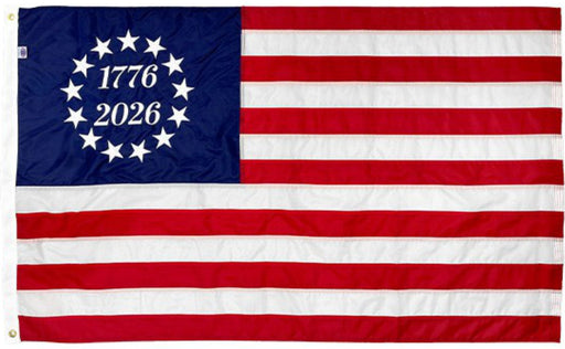 Flag with 1776-2026 text on a blue and red background