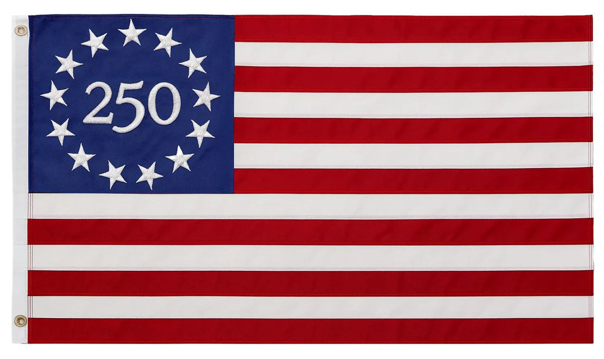 Flag with number 250 and star design on blue background