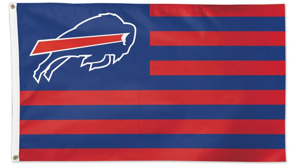 Bufflao Bills Flag with blue and red stripes and a logo of a buffalo on a white background