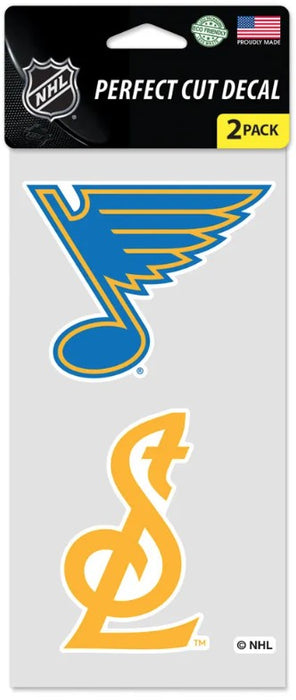 NHL Perfect Cut Decal 2-pack featuring the St. Louis Blues logo in blue and gold, and an 'SL' monogram decal on a light gray backing card.