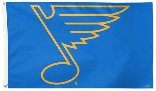 St. Louis Blues NHL flag featuring the team's logo in yellow on a bright blue background, with a white header and grommets on the left side.