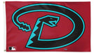Flag with a black and turquoise logo on a red background