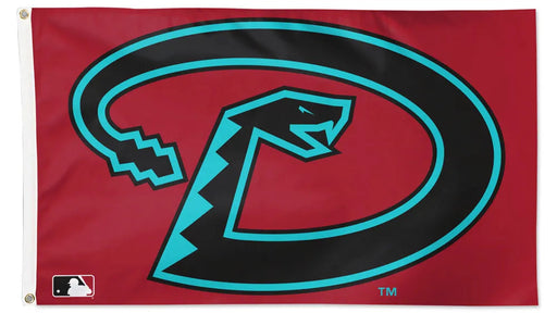 Flag with a black and turquoise logo on a red background