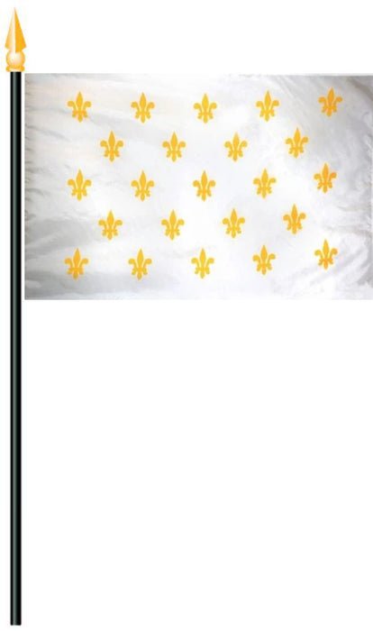 A white flag with a grid of small yellow fleur-de-lis symbols, attached to a black flagpole with a gold spearhead finial.