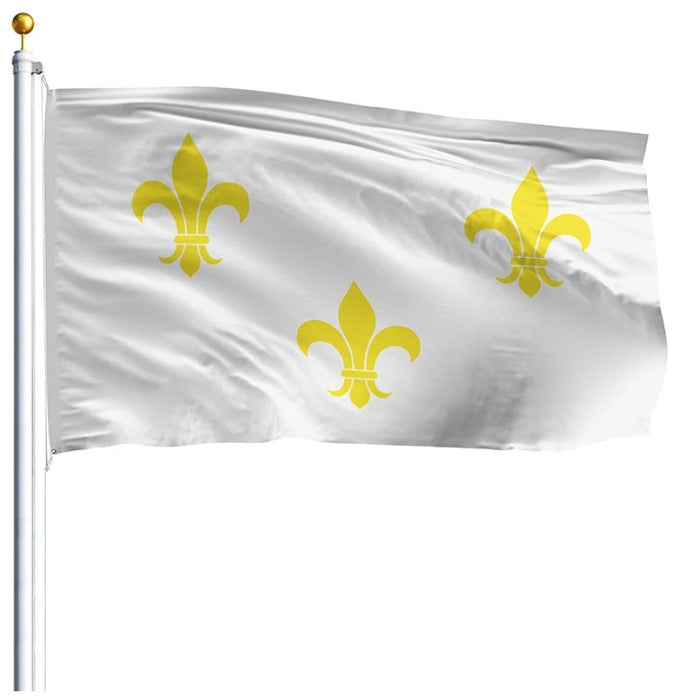 A white flag with three yellow fleur-de-lis symbols, attached to a silver flagpole with a gold ball finial, shown against a plain white background.