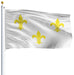 A white flag with three yellow fleur-de-lis symbols, attached to a silver flagpole with a gold ball finial, shown against a plain white background.