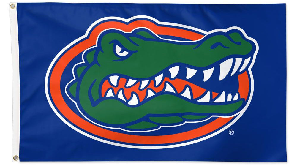 A flag featuring the Florida Gators logo with a blue background and a green alligator head in a red circle.