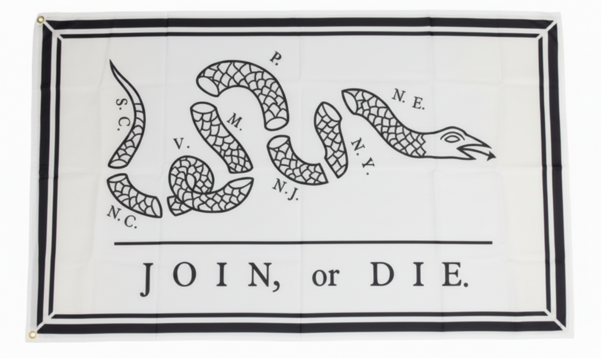 A historical flag with a snake design and the words 'JOIN or DIE' printed across the bottom.