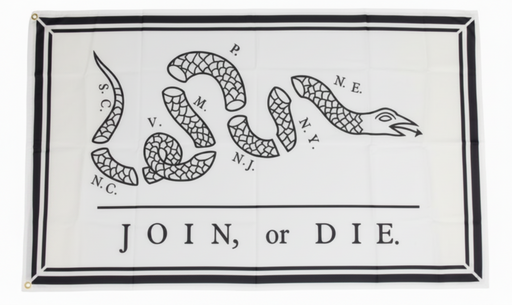 A historical flag with a snake design and the words 'JOIN or DIE' printed across the bottom.