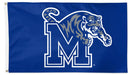 Flag with a tiger logo and 'M' on a blue background