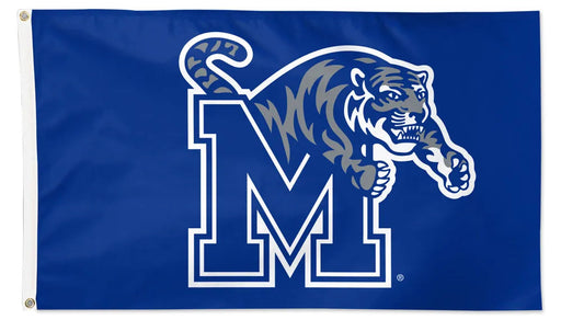 Flag with a tiger logo and 'M' on a blue background