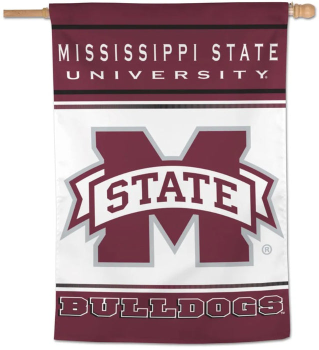 Mississippi State University vertical garden flag featuring a large maroon and white 'M' with 'STATE' banner, 'MISSISSIPPI STATE UNIVERSITY' text at the top, and 'BULLDOGS' at the bottom, shown hanging from a wooden pole.