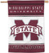 Mississippi State University vertical garden flag featuring a large maroon and white 'M' with 'STATE' banner, 'MISSISSIPPI STATE UNIVERSITY' text at the top, and 'BULLDOGS' at the bottom, shown hanging from a wooden pole.
