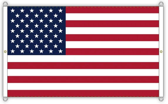 An American flag with red and white stripes and a blue canton with white stars, shown flat against a white background with grommets on the left and right edges.
