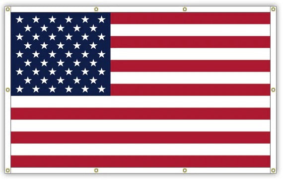 An American flag with red and white stripes and a blue canton with white stars, shown flat against a white background with grommets along the left edge.