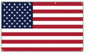 American flag banner with a white header, gold grommets, and red and white stripes with a blue canton and white stars.