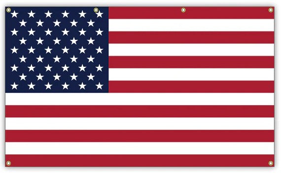 American flag banner with a white header, gold grommets, and red and white stripes with a blue canton and white stars.