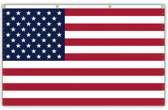 An American flag banner with a white header and grommets along the top edge, shown against a plain white background.