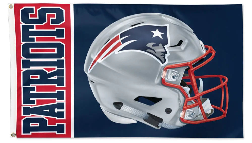 New England Patriots helmet flag with 'Patriots' text on a blue background