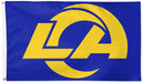 A rectangular blue flag with a large yellow stylized 'LA' logo and curved graphic across the center, shown against a plain white background.