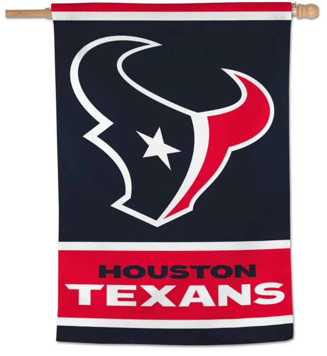 Houston Texans vertical banner flag featuring the team logo and 'HOUSTON TEXANS' text, hanging from a wooden dowel against a white background.