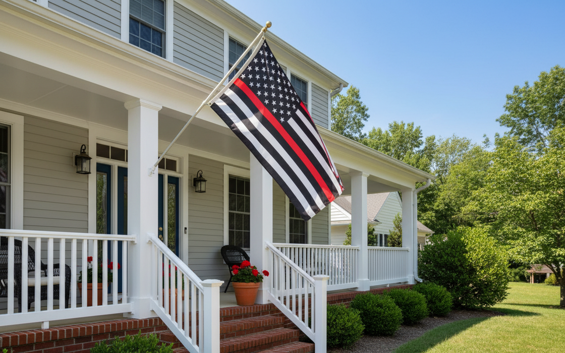 Bandiera Thin Red Line USA 3x5 FT Con Asta Antirotazione 6 Ft E Staffa Da Muro – Kit Completo, Poliestere 100% - Foto 5