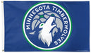 Minnesota Timberwolves team flag featuring the team logo on a royal blue background, with a white howling wolf, green rings, and the words 'MINNESOTA TIMBERWOLVES'.