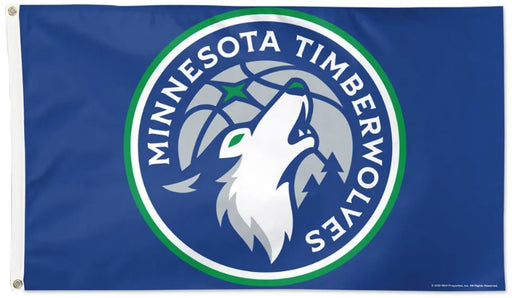 Minnesota Timberwolves team flag featuring the team logo on a royal blue background, with a white howling wolf, green rings, and the words 'MINNESOTA TIMBERWOLVES'.