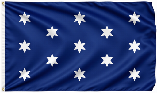 A flag with a dark blue field and white stars, with two brass grommets on the left side for hanging.