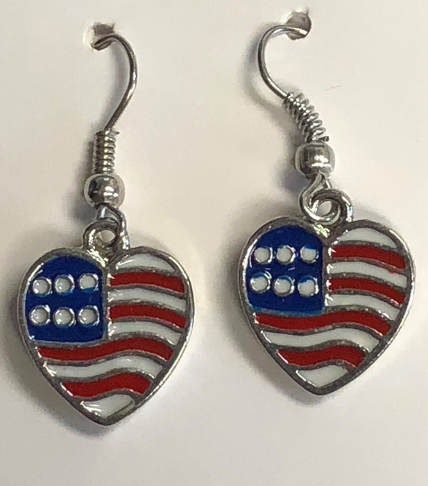 Patriotic USA Flag Earrings - Dangling Hearts
