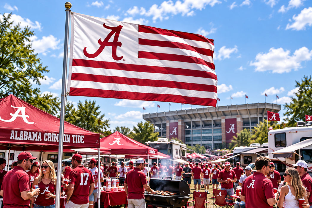 A flag featuring red and white horizontal stripes with the Alabama Crimson Tide logo in the corner.